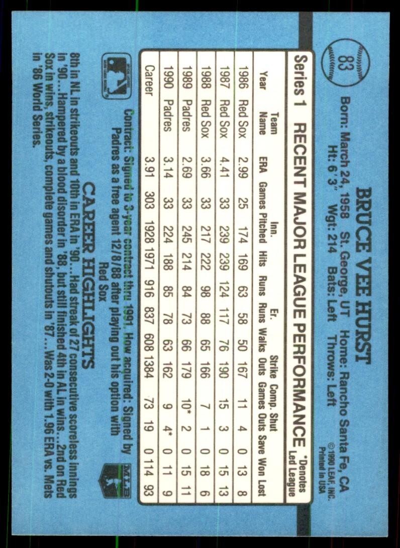 1990 Donruss Baseball Card Bruce Hurst San Diego Padres #183