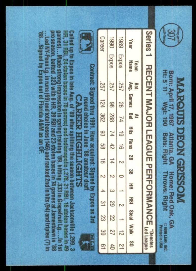 1991 Donruss Baseball Card Marquis Grissom .. Montreal Expos #307