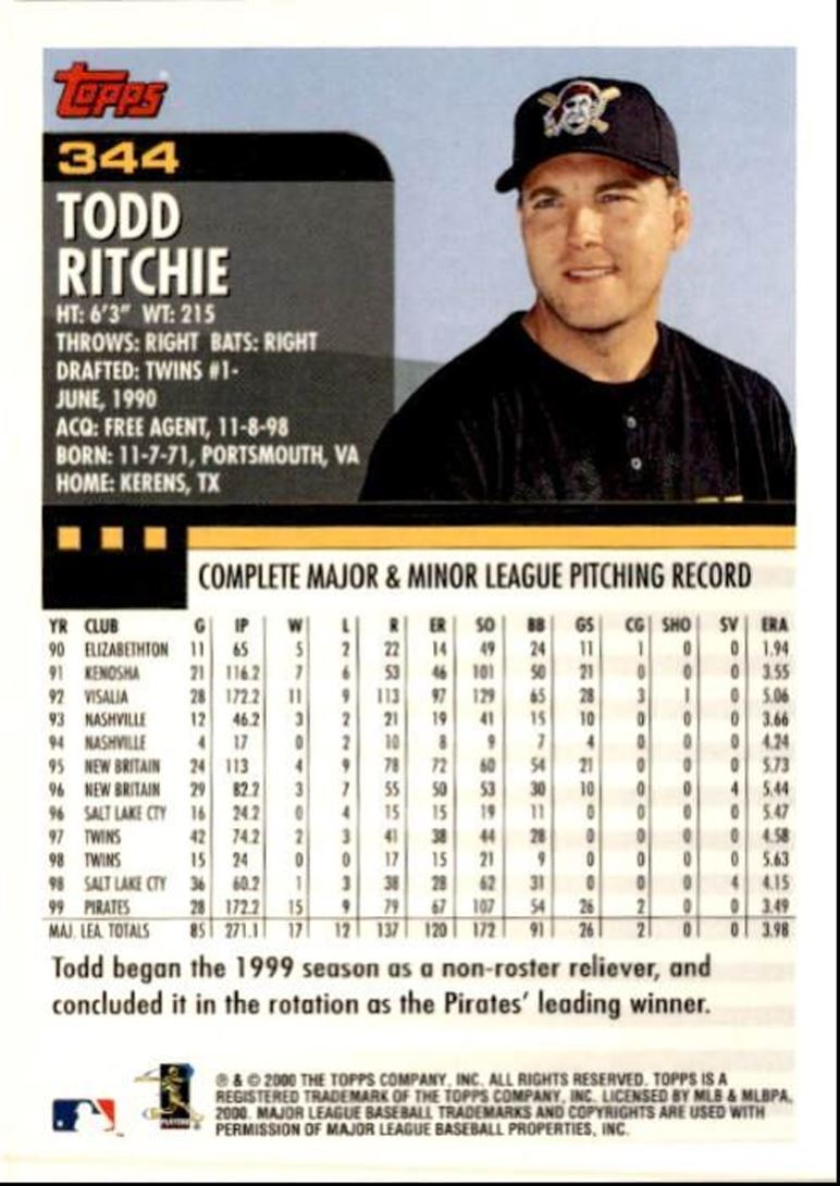2000 Topps Baseball Card Todd Ritchie Pittsburgh Pirates #344