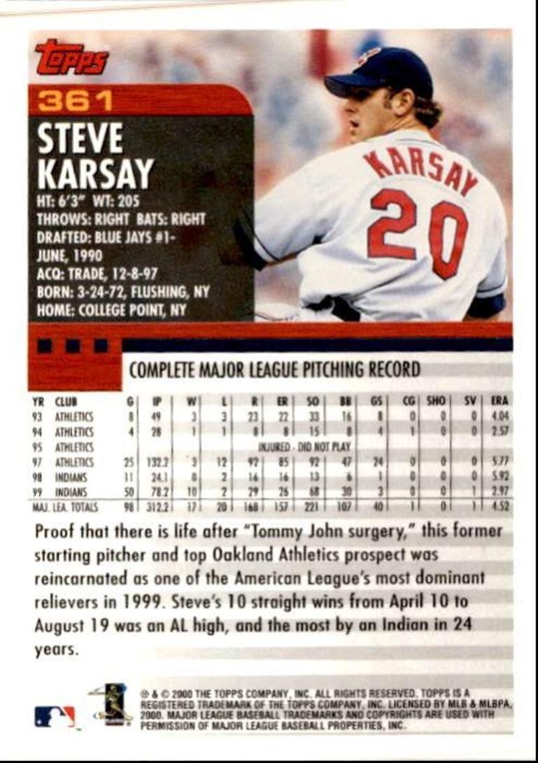 2000 Topps Baseball Card Steve Karsay Cleveland Indians #361