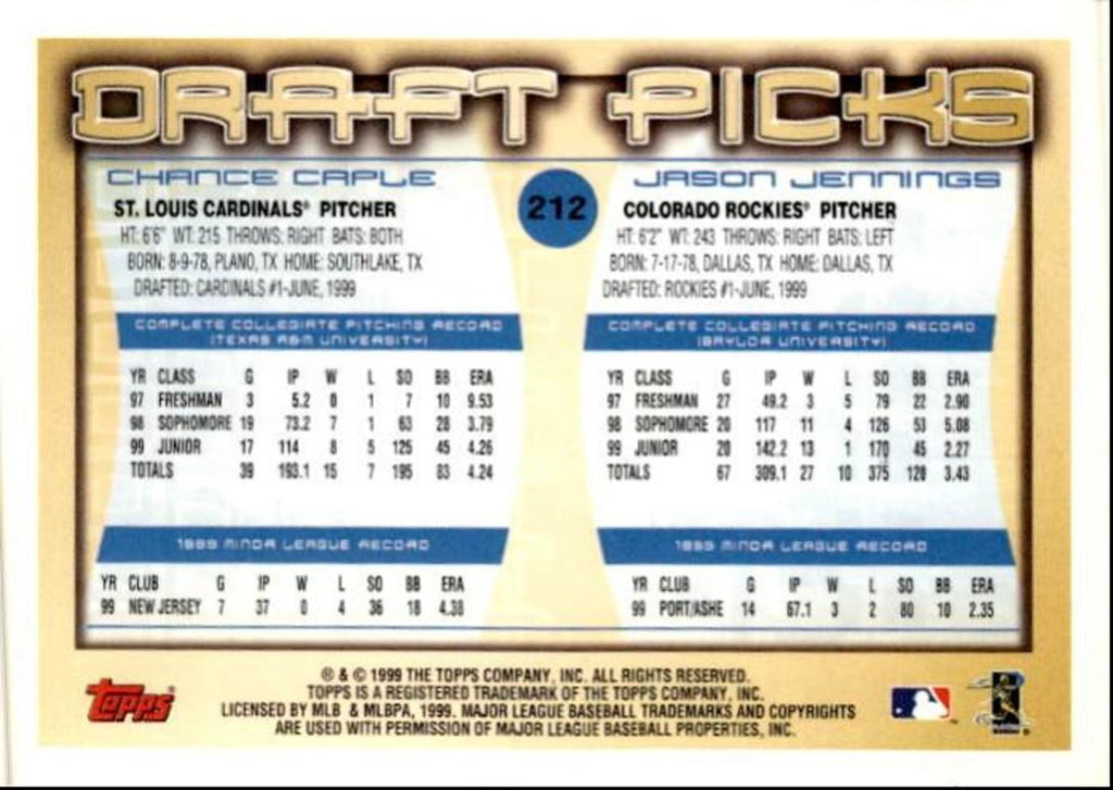 2000 Topps Baseball Card Chance Caple/Jason Jennings Rookie St. Louis