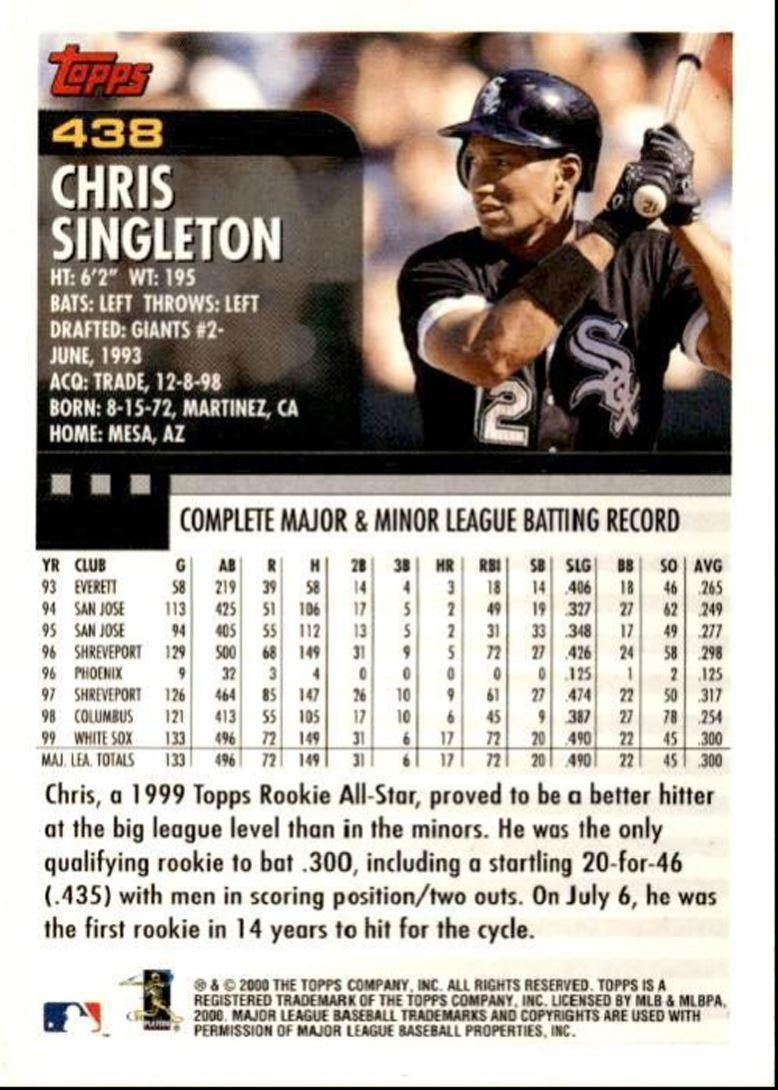 2000 Topps Baseball Card Chris Singleton Chicago White Sox #438