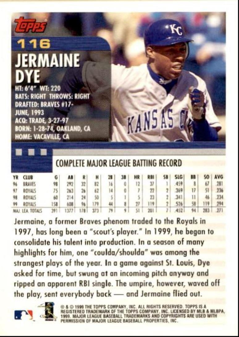 2000 Topps Baseball Card Jermaine Dye Kansas City Royals #116