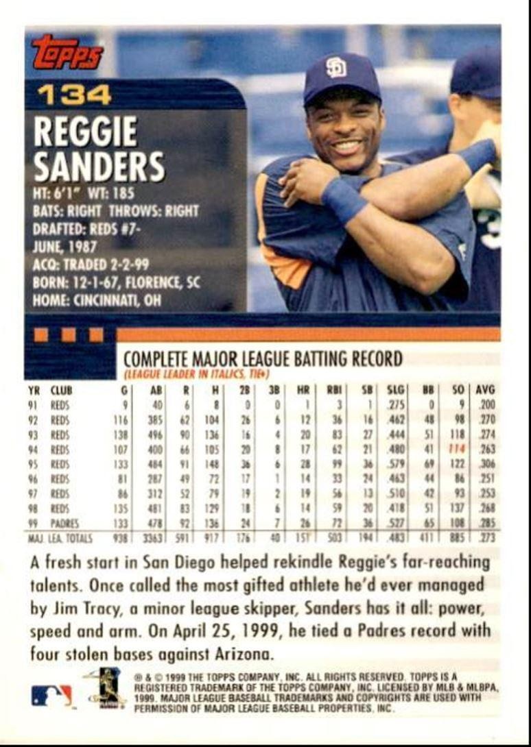 2000 Topps Baseball Card Reggie Sanders San Diego Padres #134