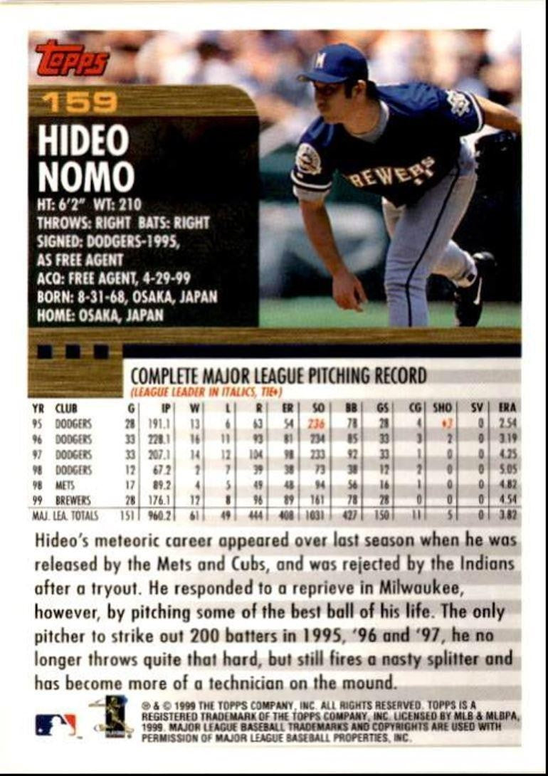 2000 Topps Baseball Card Hideo Nomo Milwaukee Brewers #159