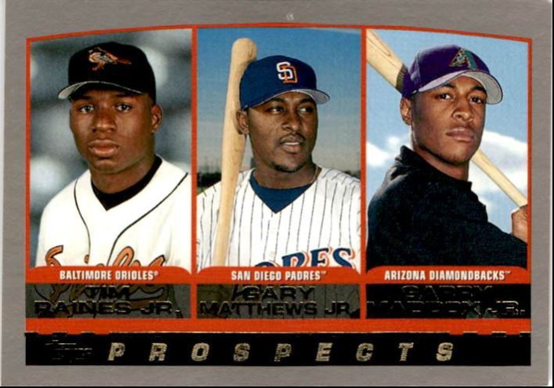 2000 Topps Baseball Card Tim Raines Jr./Gary Matthews Jr./Garry Maddox Jr.