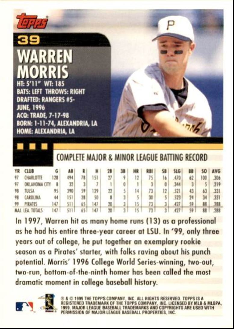 2000 Topps Baseball Card Warren Morris Pittsburgh Pirates #39