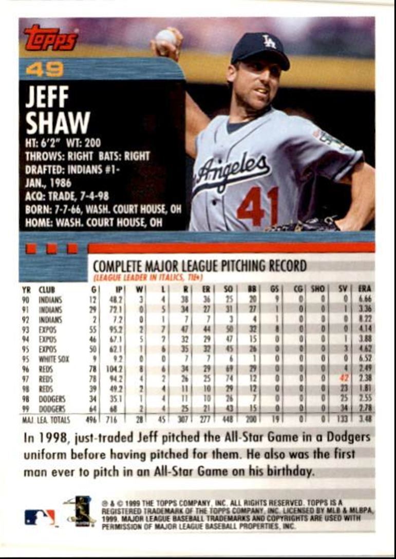 2000 Topps Baseball Card Jeff Shaw Los Angeles Dodgers #49