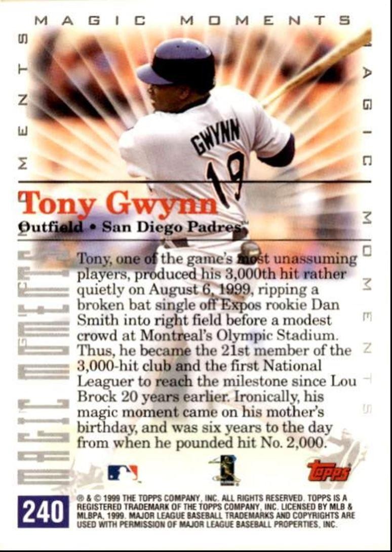 2000 Topps Basbeall Card Tony Gwynn 3000 Hit San Diego Padres #240