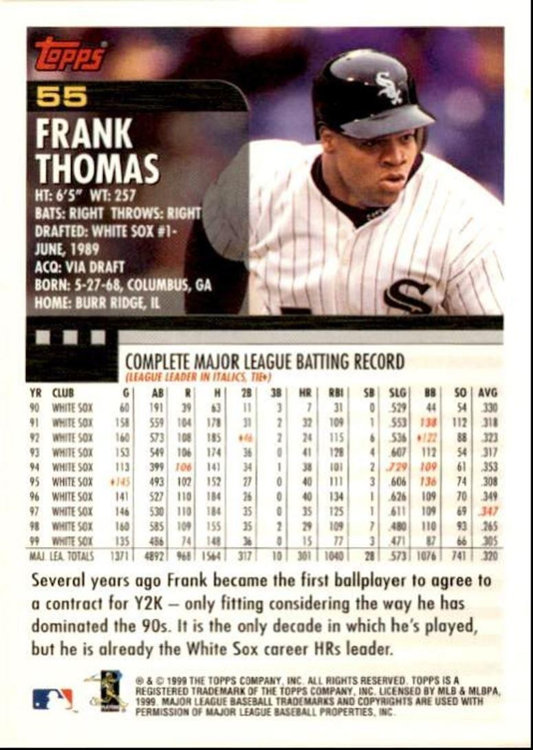 2000 Topps Basbeall Card Frank Thomas Chicago White Sox #55