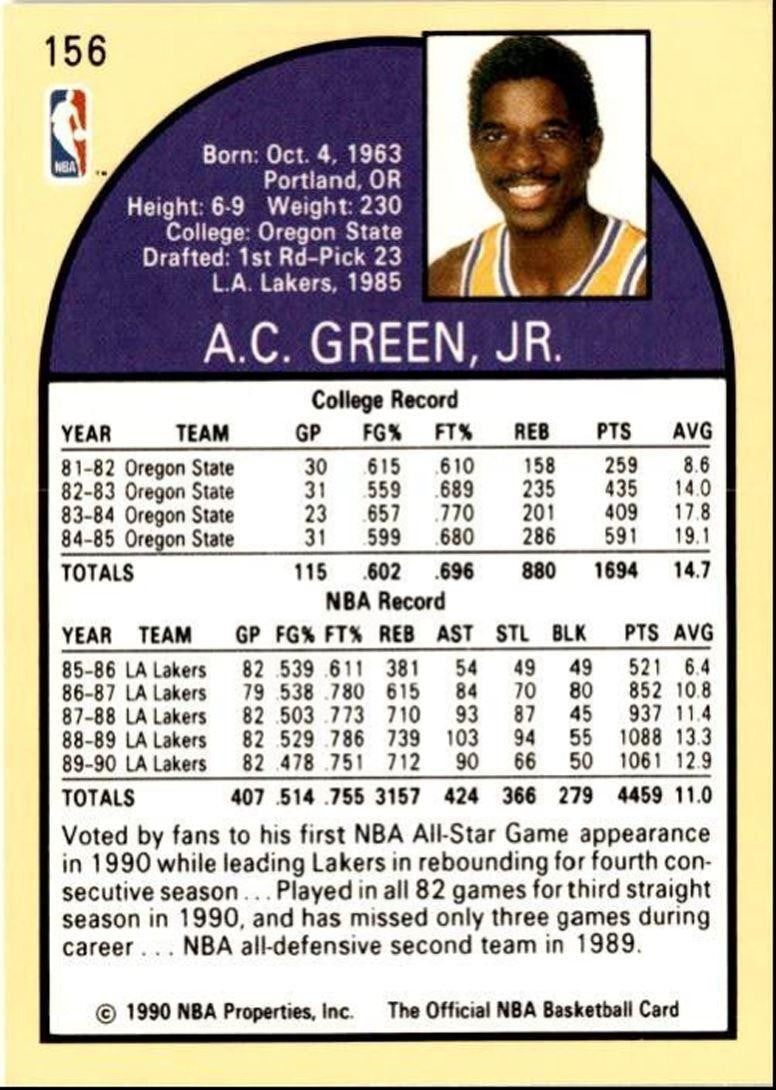 1990-91 Hoops Basketball Card A.C. Green Los Angeles Lakers #156