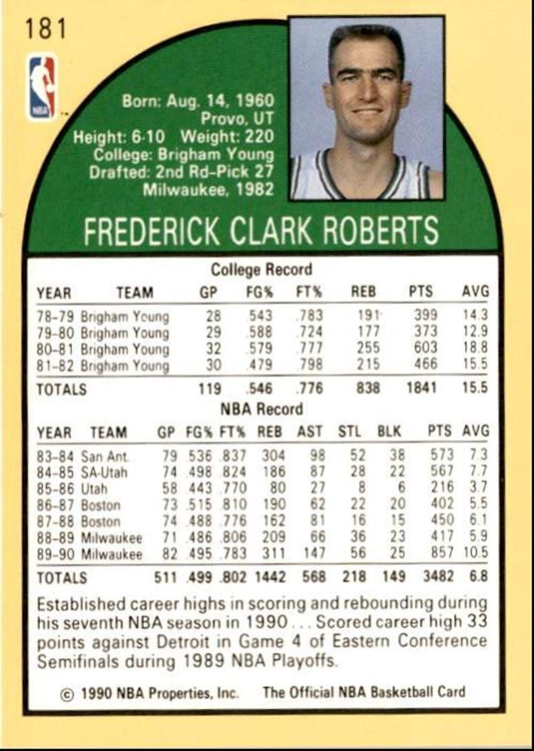 1990-91 Hoops Basketball Card Fred Roberts Milwaukee Bucks #181