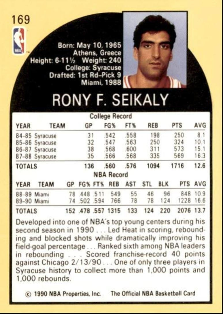 1990-91 Hoops Basketball Card Rony Seikaly Miami Heat #169B