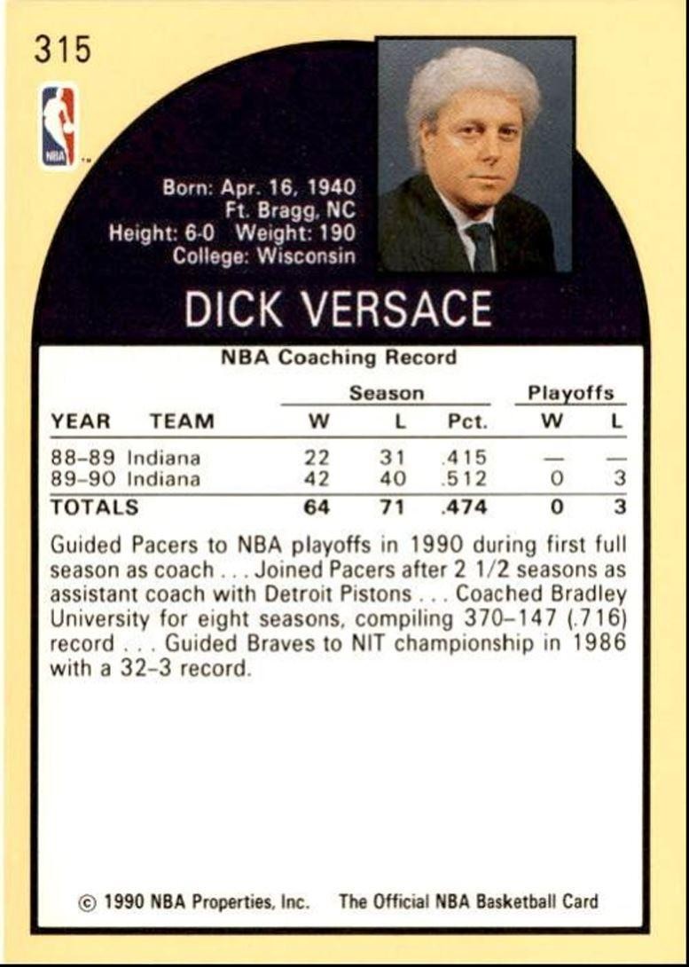 1990-91 Hoops Basketball Card Dick Versace Indiana Pacers #315