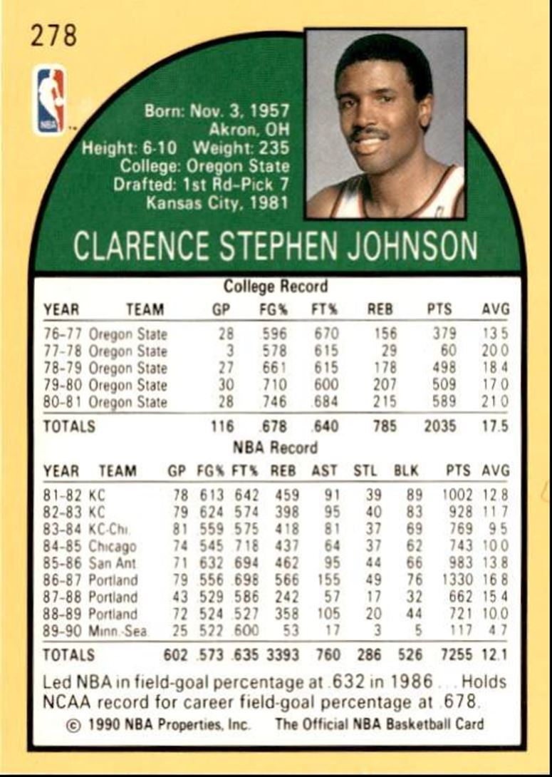 1990-91 Hoops Basketball Card Steve Johnson Seattle SuperSonics #278