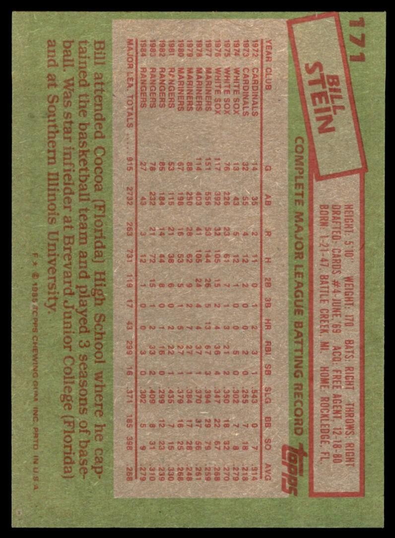 1985 Topps Bill Stein C Baseball Cards #171