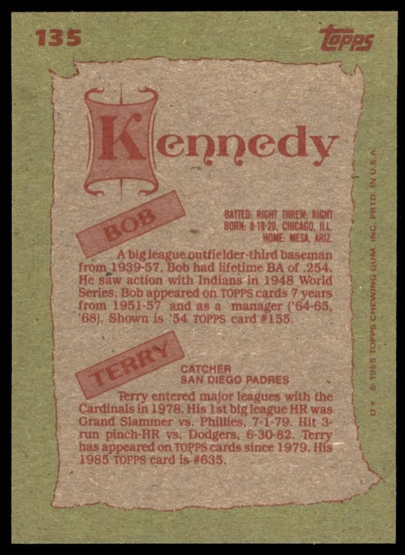 1985 Topps Bob Kennedy/Terry Kennedy Baseball Cards #135