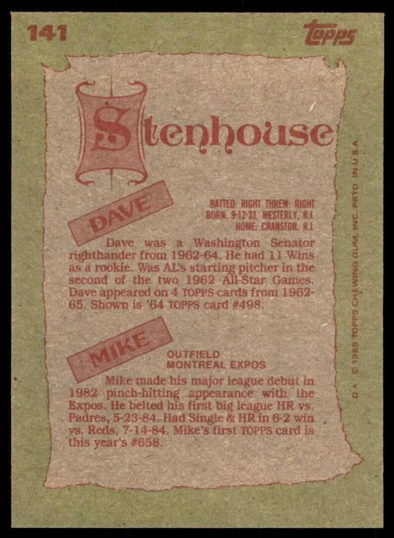 1985 Topps Dave Stenhouse/Mike Stenhouse Baseball Cards #141