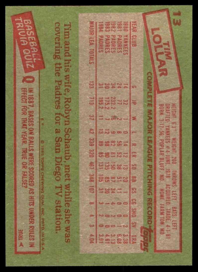 1985 Topps Tim Lollar A Baseball Cards #13