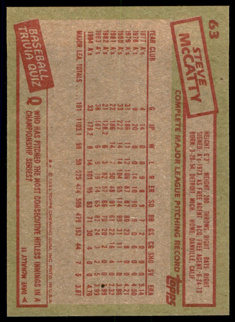 1985 Topps Steve McCatty Baseball Cards #63