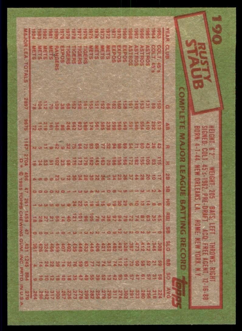 1985 Topps Rusty Staub B Baseball Card #190