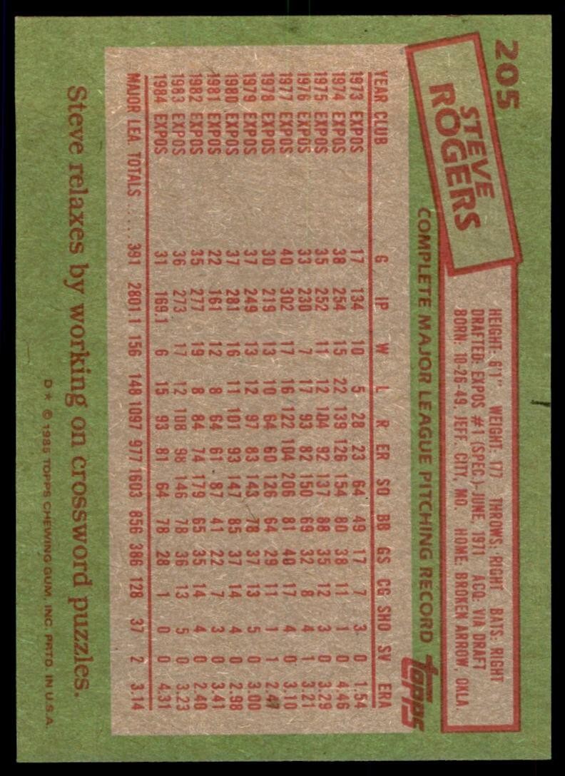 1985 Topps Steve Rogers A Baseball Card #205