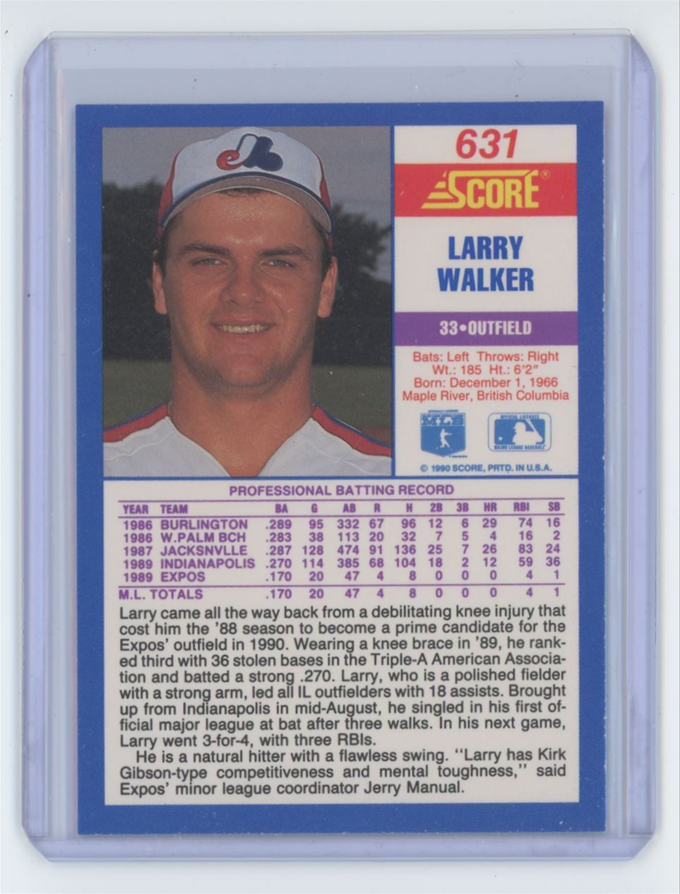 1990 Score Larry Walker Rookie (S103) Montreal Expos #631