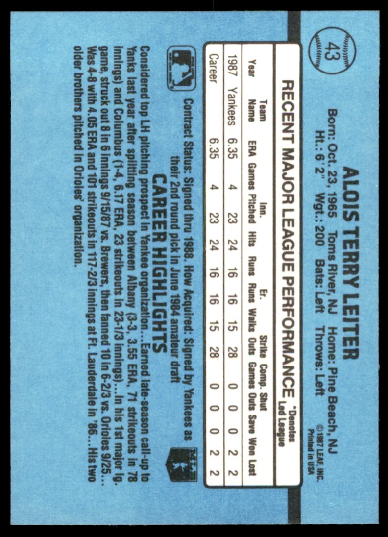 1988 Donruss Al Leiter Baseball Cards #43