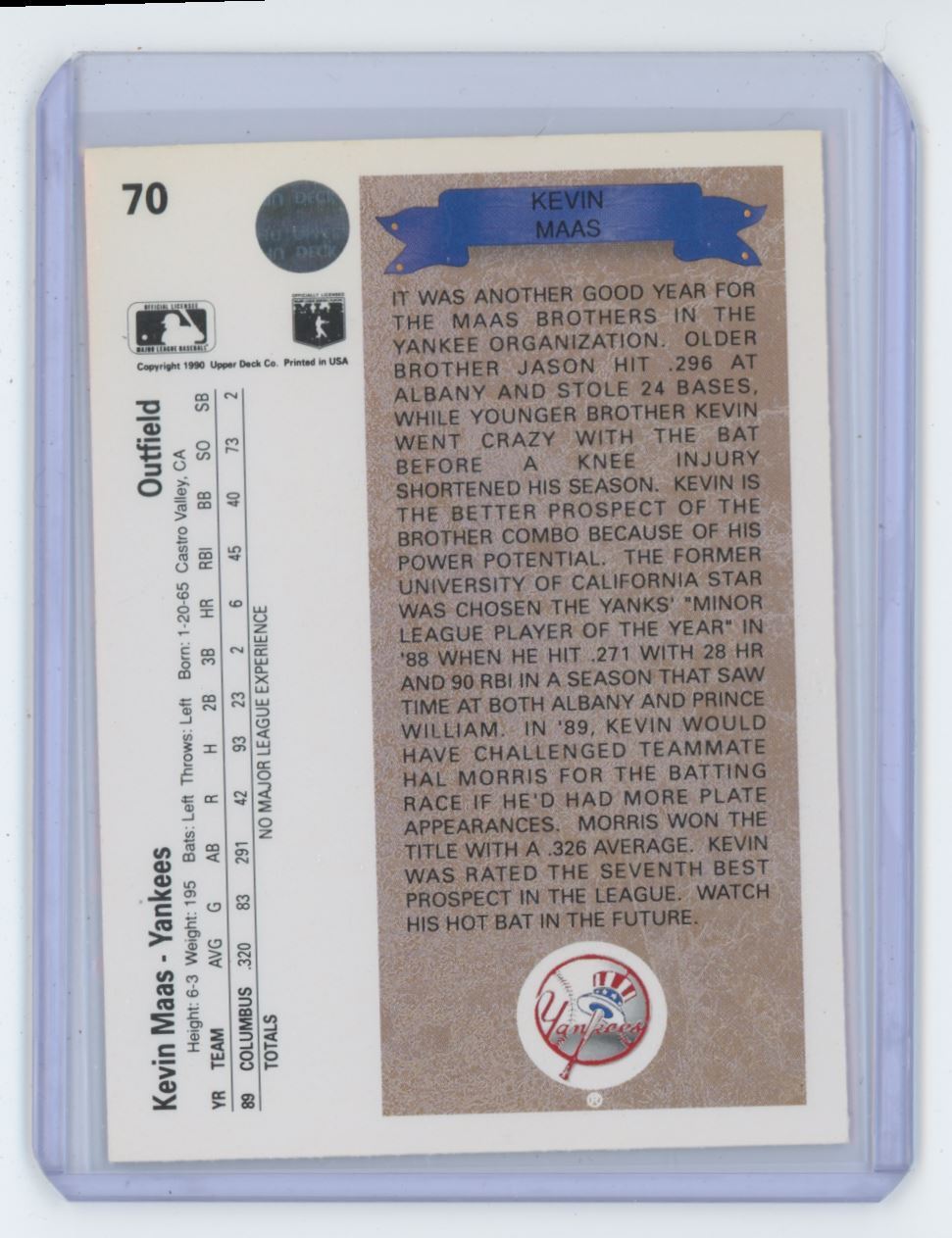 1990 Upper Deck Rookie Kevin Maas New York Yankees #70