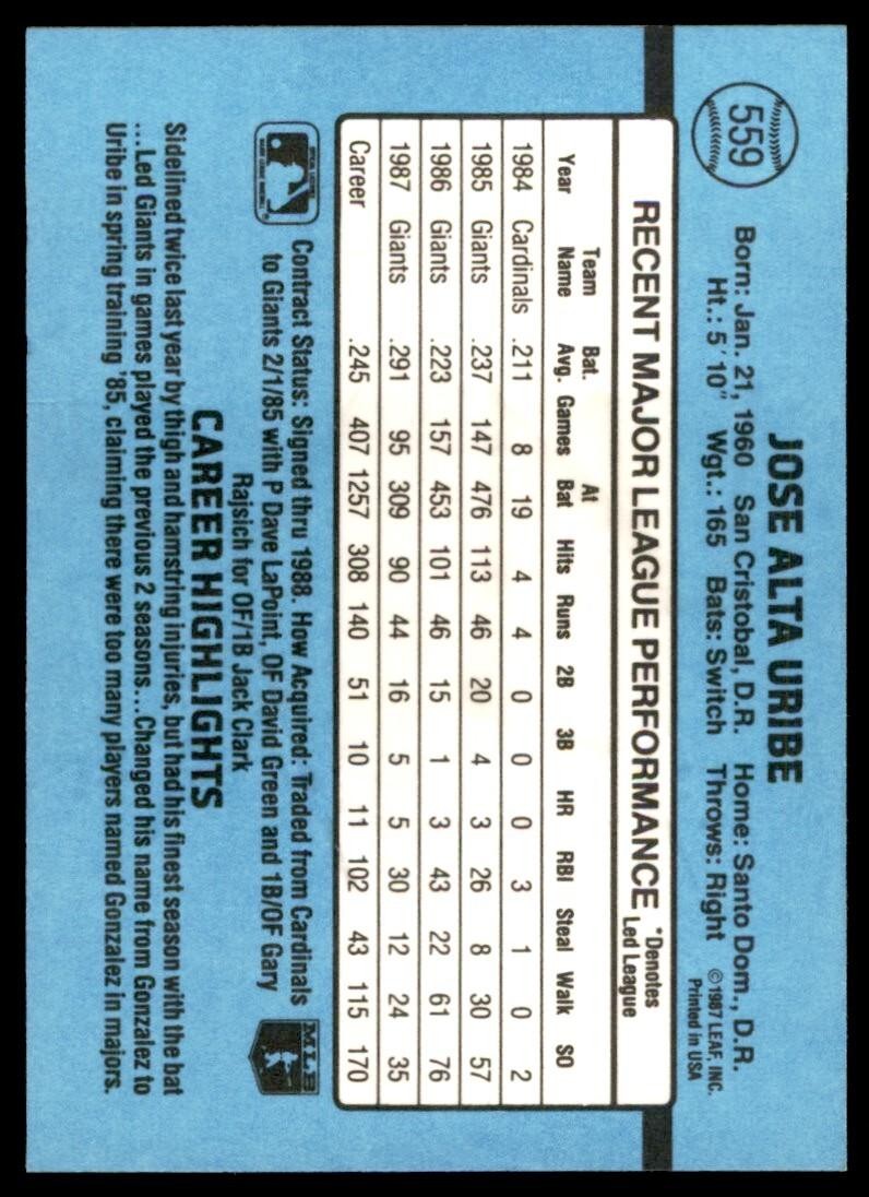 1988 Donruss Jose Uribe Baseball Cards #559