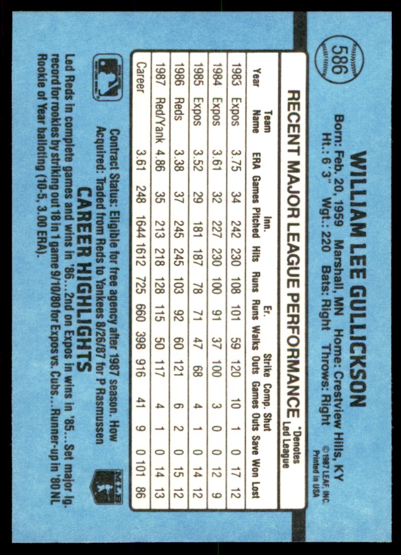 1988 Donruss Bill Gullickson Baseball Cards #586