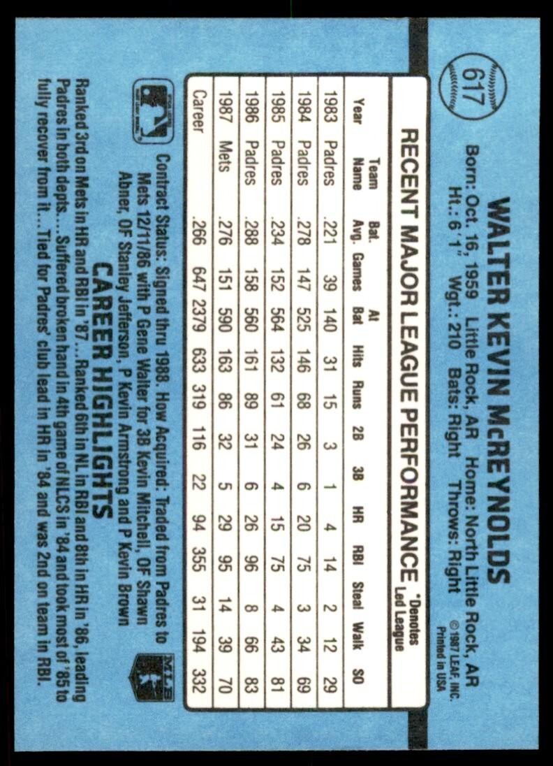 1988 Donruss Kevin McReynolds Baseball Cards #617