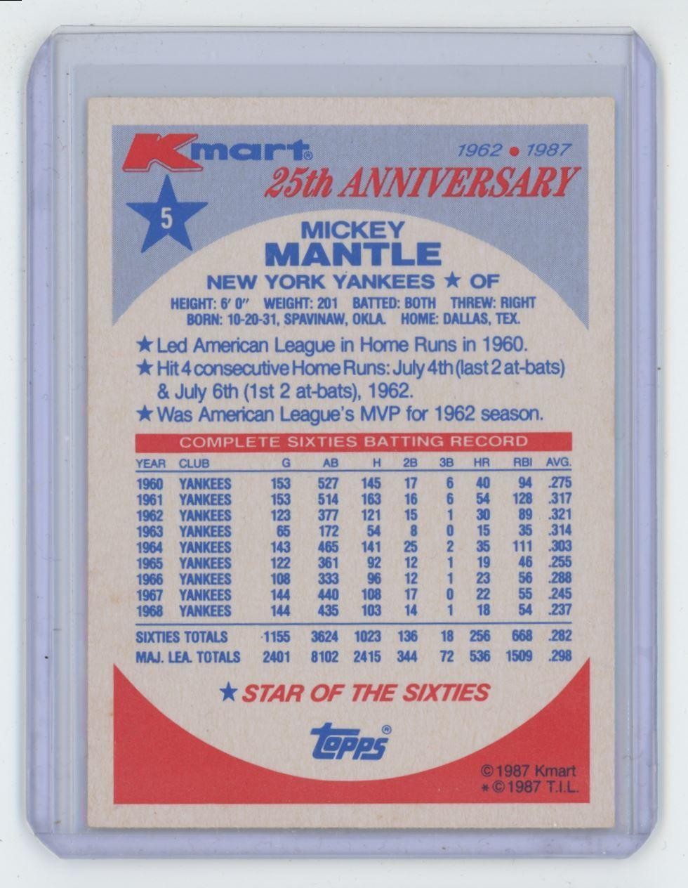 1987 Topps Kmart 25th Anniversary Mickey Mantle New York Yankees #5