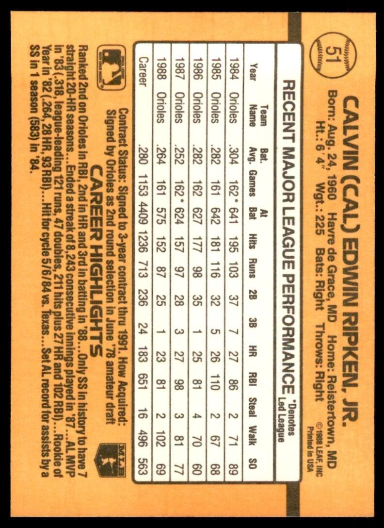 1989 Donruss. Cal Ripken Baseball Cards #51