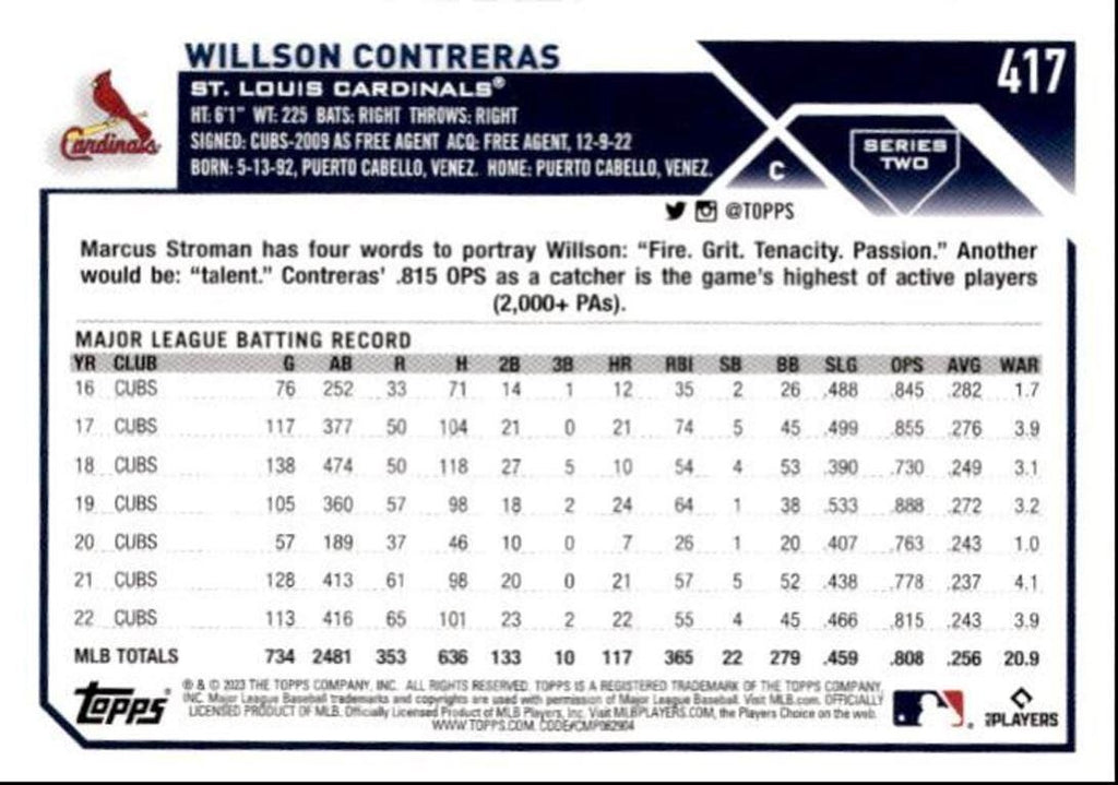 2023 Topps Baseball Cards Willson Contreras St. Louis Cardinals #417
