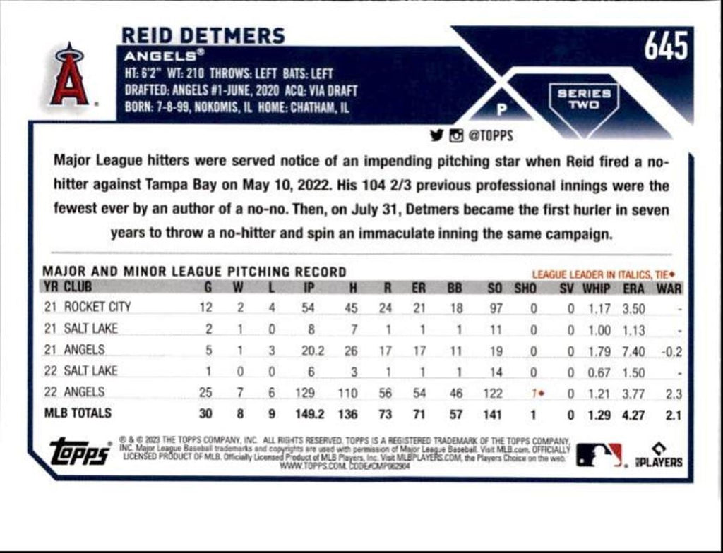 2023 Topps Baseball Cards Reid Detmers Los Angeles Angels #645