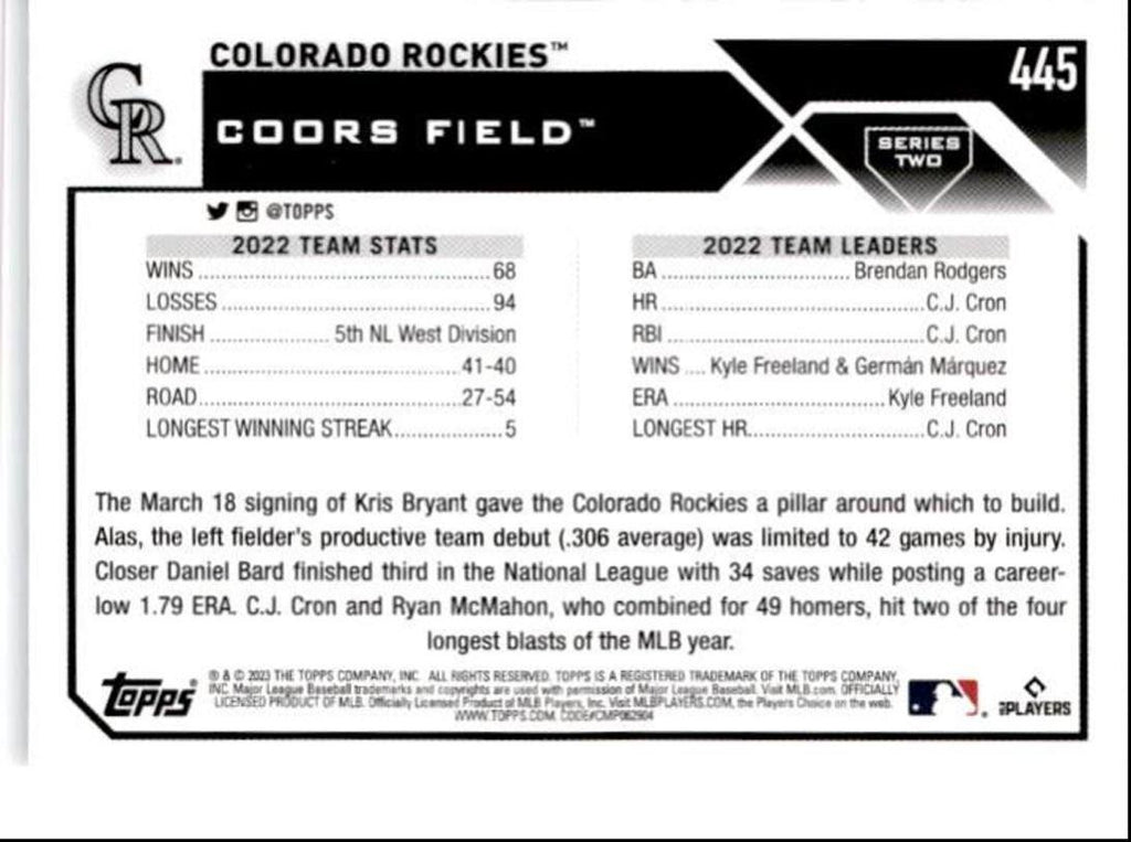 2023 Topps Baseball Cards Team Card Colorado Rockies #445