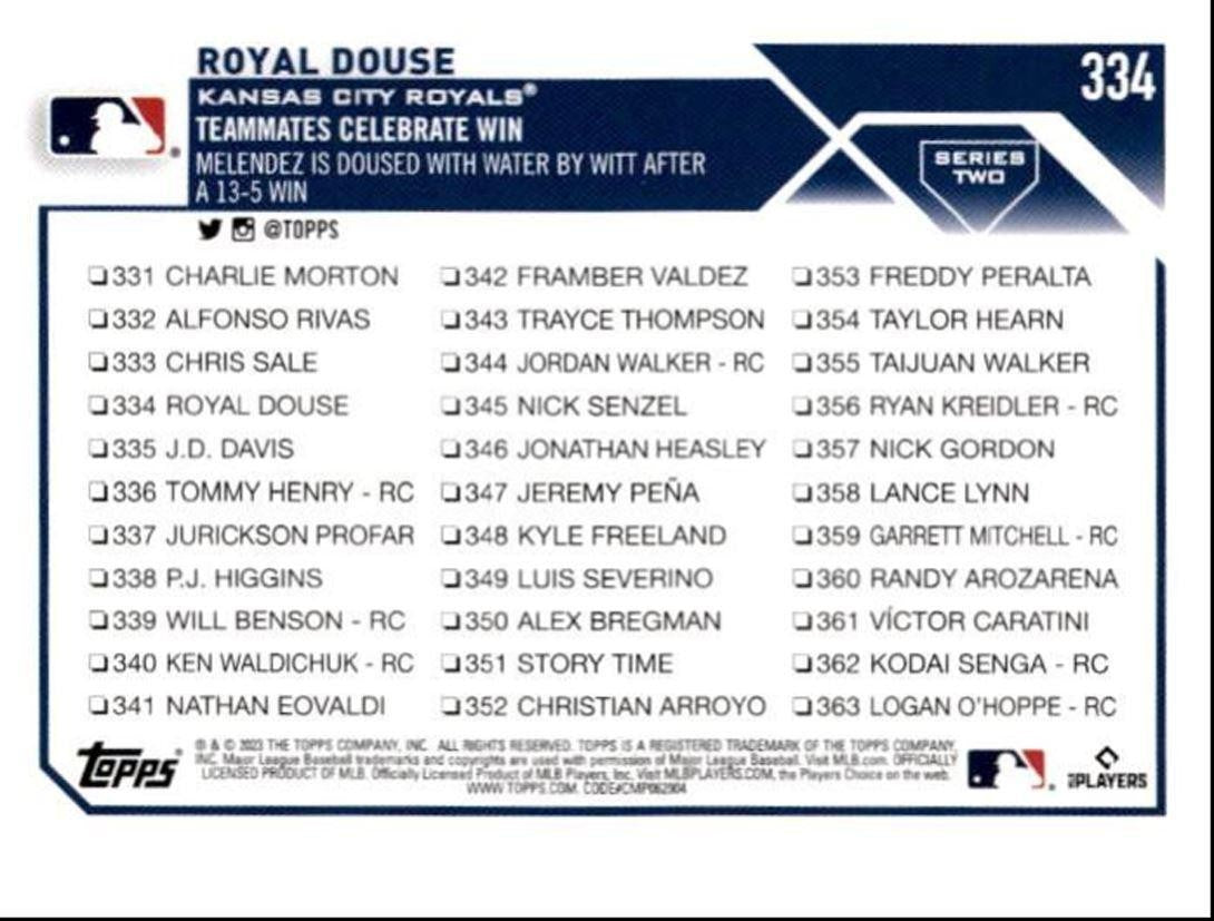 2023 Topps Baseball Cards Royal Douse Kansas City Royals #334