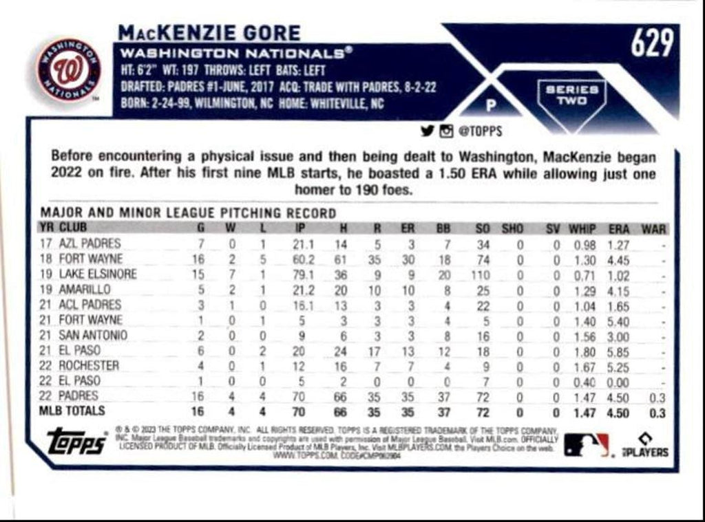 2023 Topps Baseball Cards MacKenzie Gore Washington Nationals #629