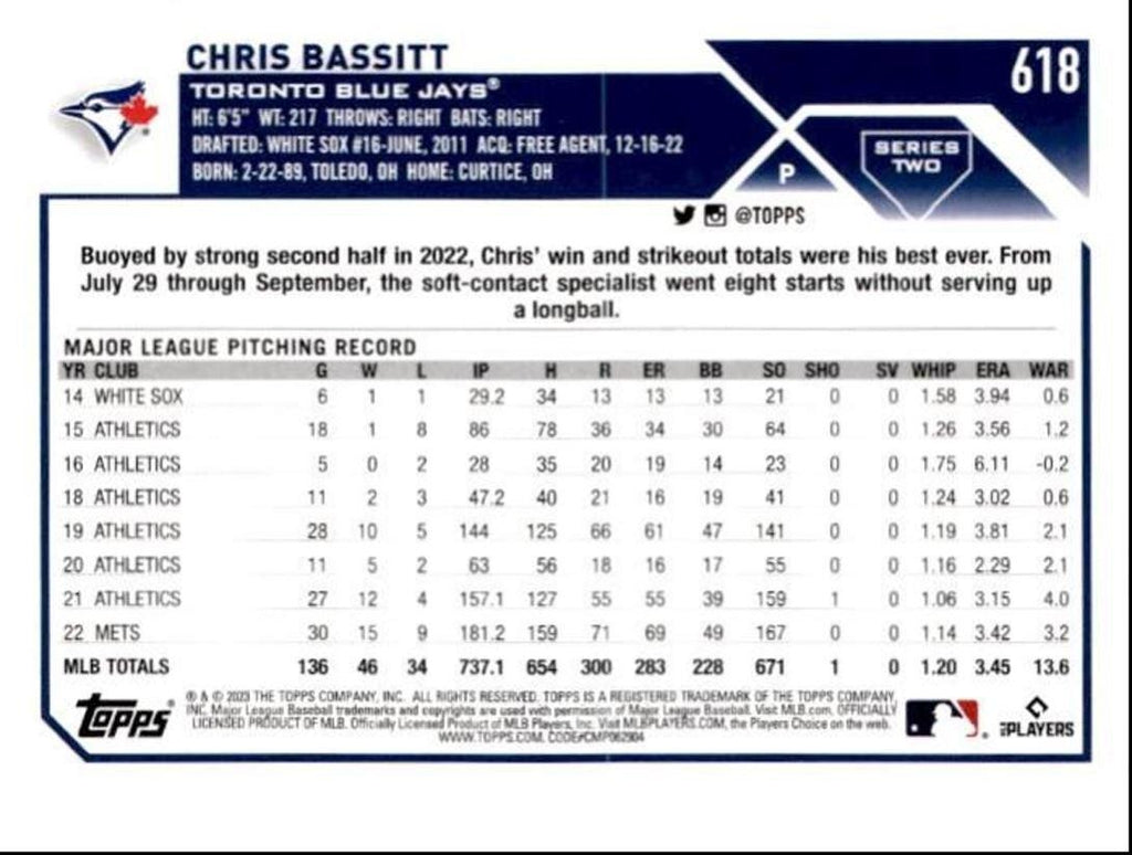 2023 Topps Baseball Cards Chris Bassitt Toronto Blue Jays #618