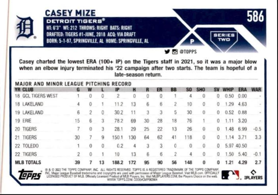 2023 Topps Baseball Cards Casey Mize Detroit Tigers #586