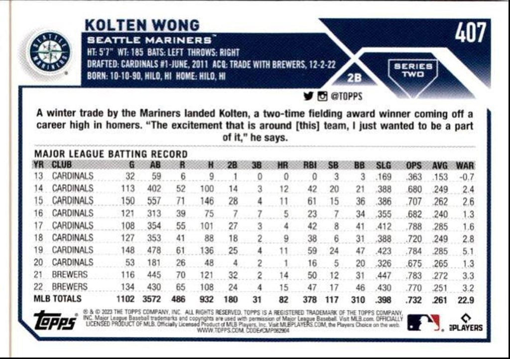 2023 Topps Baseball Cards Kolten Wong Seattle Mariners #407