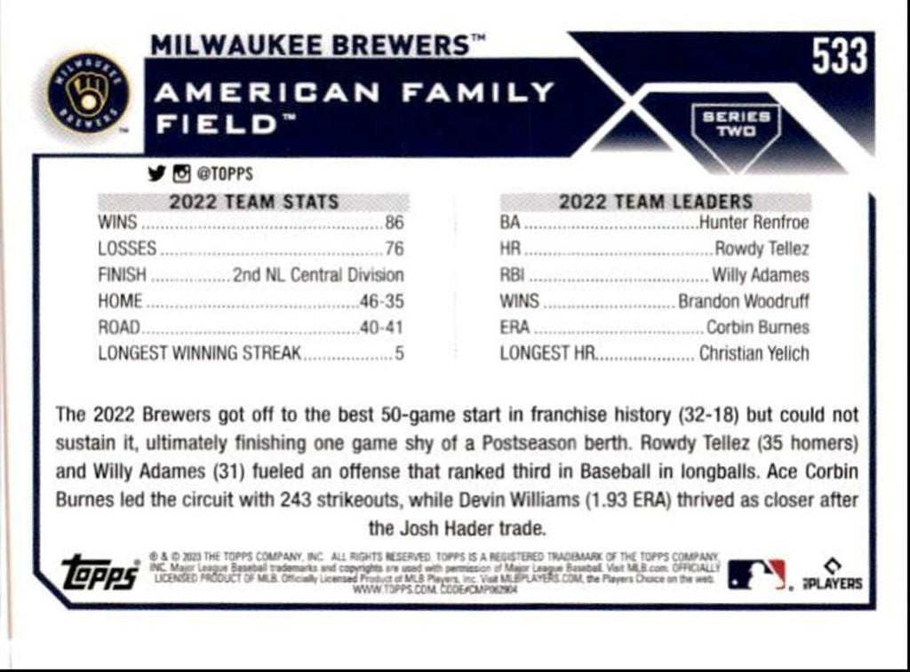 2023 Topps Baseball Cards Milwaukee Brewers Milwaukee Brewers #533