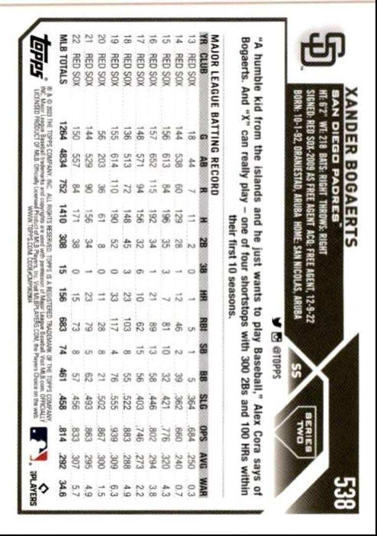 2023 Topps Baseball Cards Xander Bogaerts San Diego Padres #538