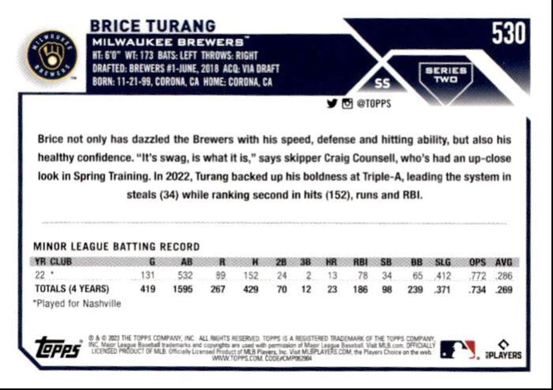 2023 Topps Baseball Cards Brice Turang Rookie Milwaukee Brewers #530