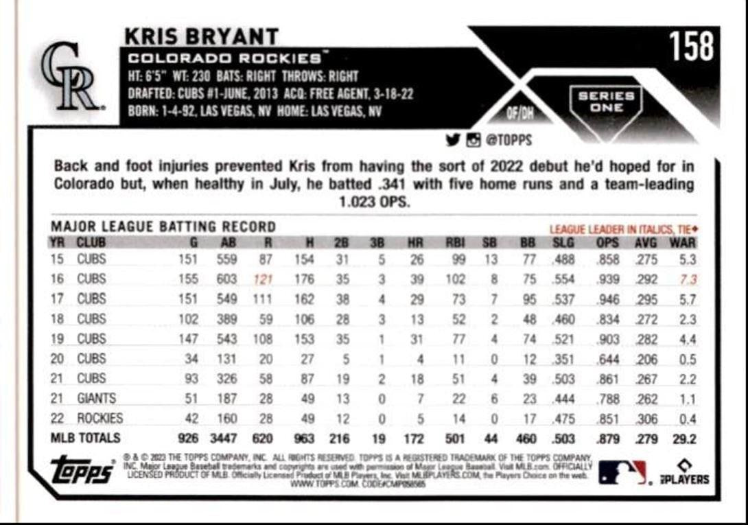 2023 Topps Baseball Cards Kris Bryant Colorado Rockies #158