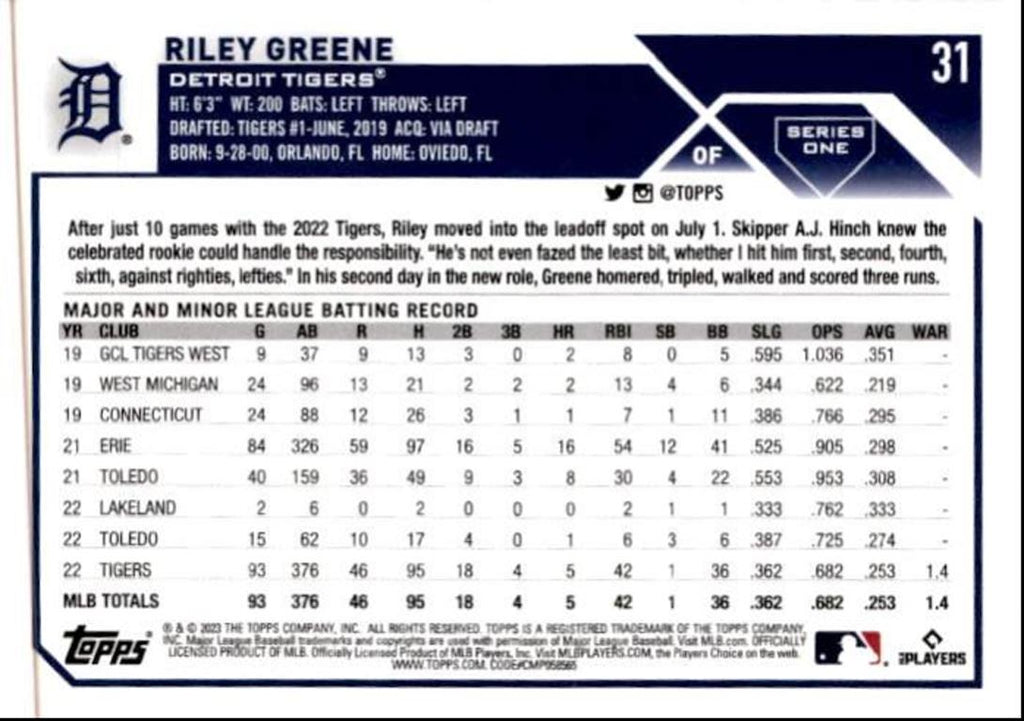 2023 Topps Baseball Cards Riley Greene Rookie Detroit Tigers #31