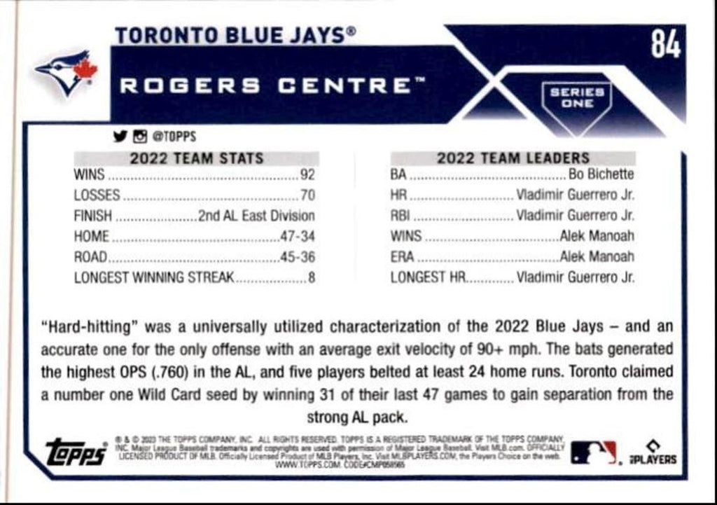 2023 Topps Baseball Cards Toronto Blue Jays Toronto Blue Jays #84