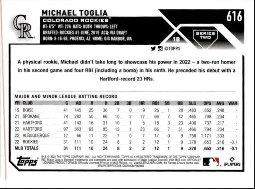 2023 Topps Baseball Cards Michael Toglia Rookie Colorado Rockies #616