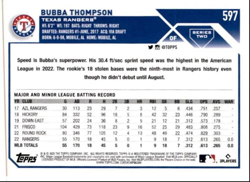2023 Topps Baseball Cards Bubba Thompson Rookie Texas Rangers #597